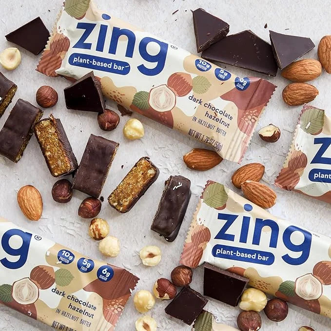 Zing Dark Chocolate Hazelnut Vegan Protein Bars, Gluten Free with High Protein, High Fiber, Dairy Free Nutrition Bars, Pla...