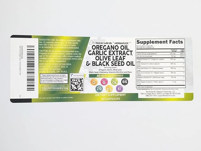 Clean Nutraceuticals Oregano Oil Garlic Extract Olive Leaf Black Seed Oil- Immune Support & Digestive Health Supplement fo...