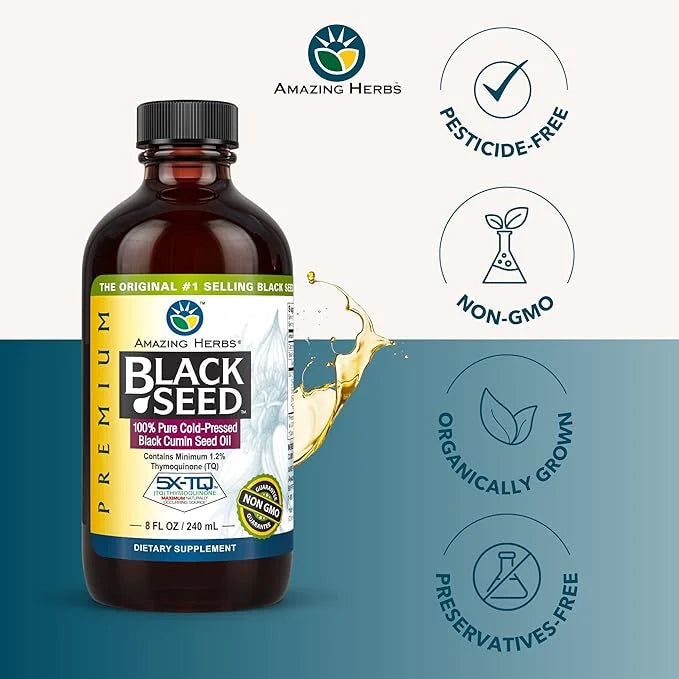 Amazing Herbs Premium Black Seed Oil - Cold Pressed Nigella Sativa Aids in Digestive Health, Immune Support, Brain Functio...