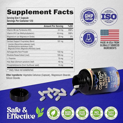 Cortisol Supplement for Women - Natural Based Hormone Balance - Ashwagandha | Rhodiola | Holy Basil | L-Theanine - Mood, F...