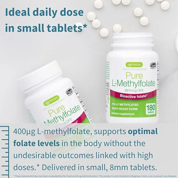 Pure Folate 400mcg, Optimized Methylfolate, Clean 180 Small