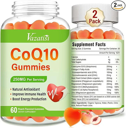 2 Pack CoQ10 Gummies 250mg, Plus Omega-3, Magnesium, B12 for 5X Better Q10 Supplement- 60Cts