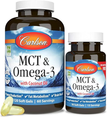 Carlson - MCT & Omega-3, Coconut Oil, Caprylic & Capric Acids, EPA & DHA, Energy Production, Fat Metabolism & Brain Health...