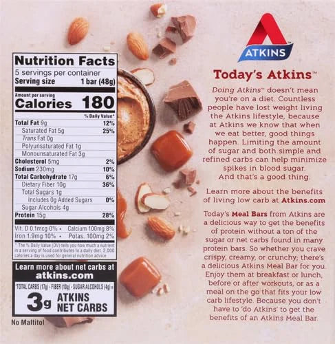 Atkins Chocolate Almond Caramel Bar, Keto-Friendly, Gluten Free with Real Almond Butter, 5 Count (Pack of 1) - Product Image