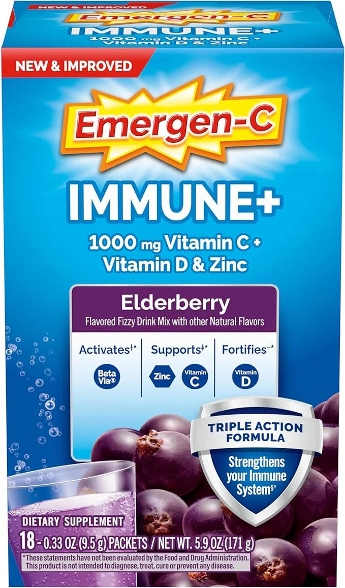Emergen-C Immune+ Vitamin C 1000mg (18 Count, Elderberry) Dietary Supplement Fizzy Drink Mix Powder Packets - Product Image