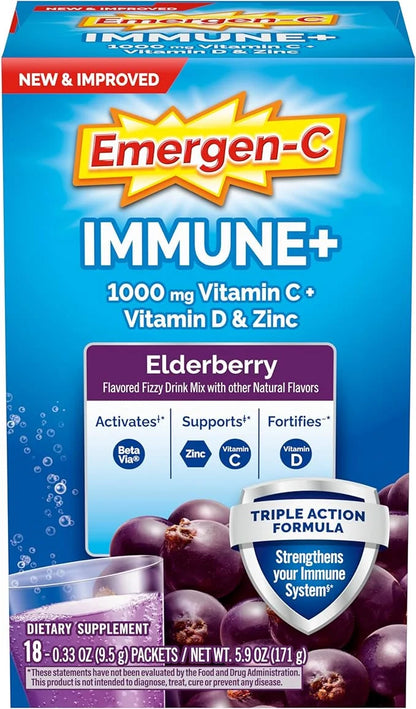 Emergen-C Immune+ Vitamin C 1000mg (18 Count, Elderberry) Dietary Supplement Fizzy Drink Mix Powder Packets - Product Image