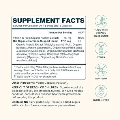 Ora Organic Natural Hormone Balance Supplement & Hormonal Acne Relief for Women - Support Skin, Mood, Energy, PMS & Menopa...