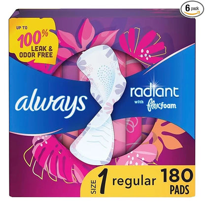 Always Radiant Feminine Pads For Women, 1 Regular 30 Count 6 Packs (180 Count