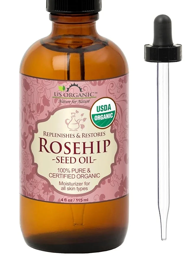 US Organic Rosehip Seed Oil, USDA Certified Organic, Cold Pressed, Virgin Organic, Amber Glass Bottle and Glass Eye Droppe...