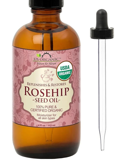 US Organic Rosehip Seed Oil, USDA Certified Organic, Cold Pressed, Virgin Organic, Amber Glass Bottle and Glass Eye Droppe...