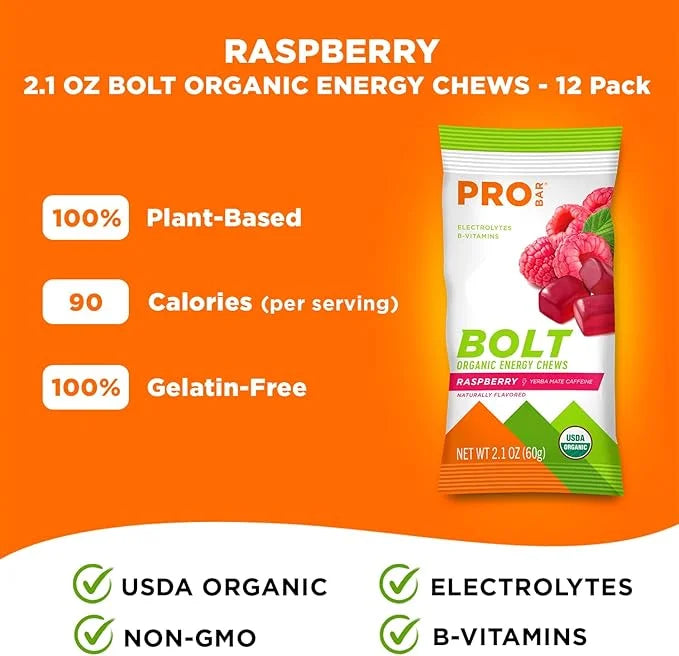 PROBAR - BOLT Organic Energy Chews, Raspberry, Non-GMO, Gluten-Free, USDA Certified Organic, Healthy, Natural Energy, Fast...