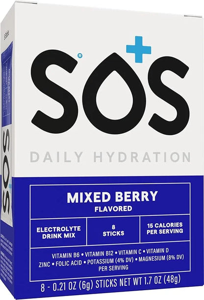 SOS Hydration Electrolyte Powder Packets, Mixed Berry Flavor, 8 Stick Packs – Low-Calorie, Rapid Rehydration, Made in USA,...