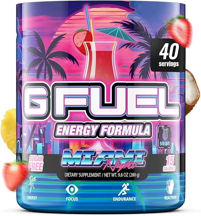G Fuel Miami Nights Energy Drink Powder, Pre Workout Caffeine Mix for Gaming, Sugar Free Focus Amino, Vitamin + Antioxidan...