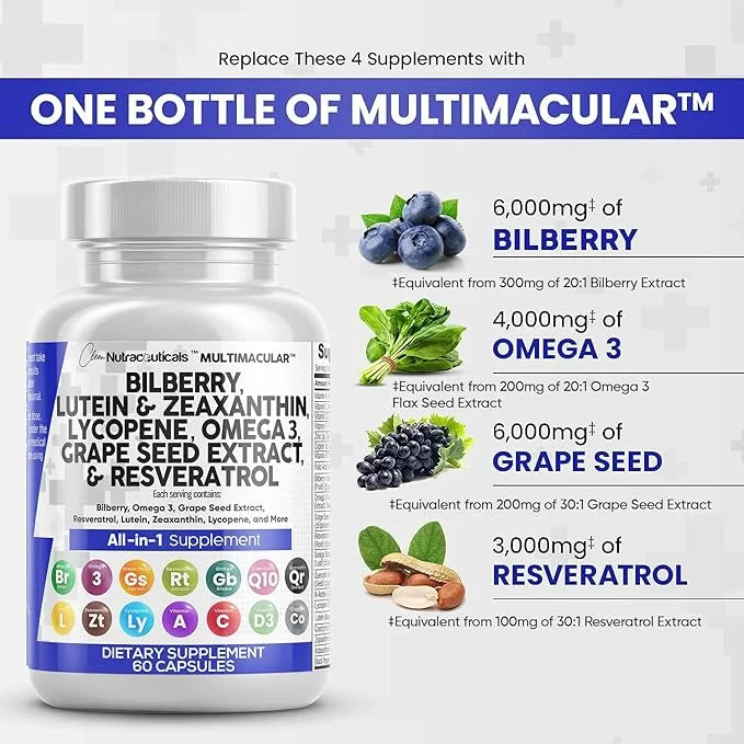 Eye Health Vitamins with Bilberry 6000mg 40mg Lycopene 40mg Resveratrol 3000mg Grape 6000mg Omega 3 4000mg 4000mg Astaxant...