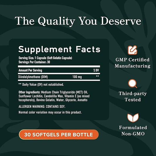 DIM Supplement 100 mg | Estrogen Balance for Women & Men | Diindolylmethane for Hormone Balance, Hormonal Acne, Menopause ...