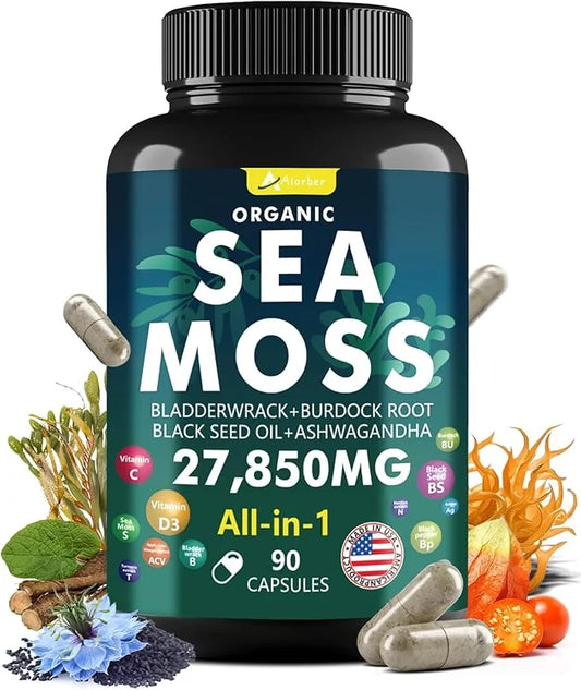 Sea Moss Capsules with Black Seed Oil, Aşhwagandha, Ginger & Vitamin C - Advanced Sea Moss Pills, Wildcrafted Sea Moss, Bl...