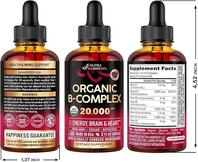 USDA Organic Vitamin B-Complex B5 Pantothenic Acid B12 Methylcobalamin B1 Thiamine B6 Pyridoxine B7 Biotin B9 Folic B3 Nia...