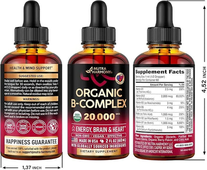 USDA Organic Vitamin B-Complex B5 Pantothenic Acid B12 Methylcobalamin B1 Thiamine B6 Pyridoxine B7 Biotin B9 Folic B3 Nia...