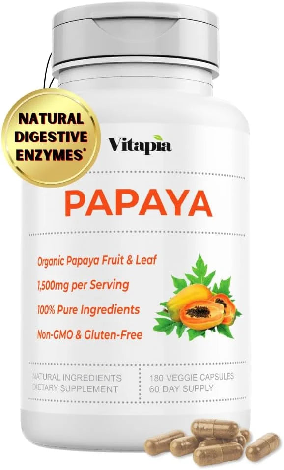 Papaya Fruit Enzyme Capsules for Digestion, 1500mg Organic 180 Veggie