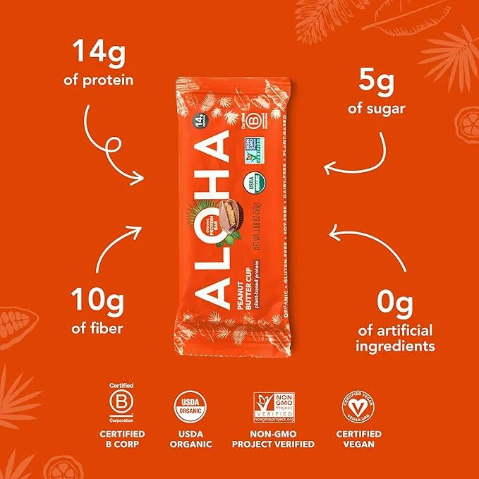 ALOHA Organic Plant Based Protein Bars - Peanut Butter Cup Bar - 12 Bars, Vegan, Low Sugar, Gluten-Free, Low Carb, Non-GMO...