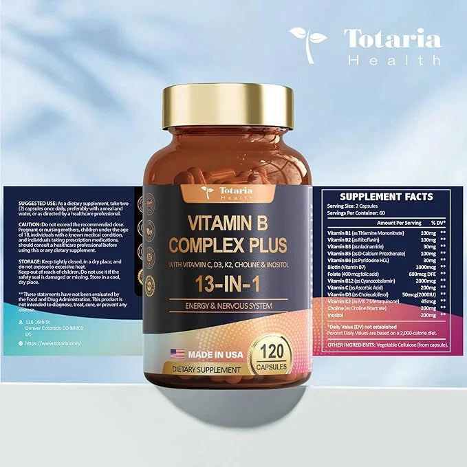 13-in-1 Vitamin B Complex Plus B1, B2, B2, B3 B3 (Niacinamide), B4, B5, B5, B6, B6, B7 B7 (Biotin), B8 (Inositol), B9 (Fol...