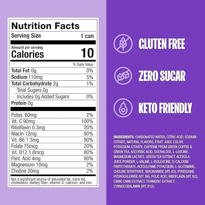 ZOA Zero Sugar Energy Drinks, Frosted Grape - Sugar Free with Electrolytes, Healthy Vitamin C, Amino Acids, Essential B-Vi...