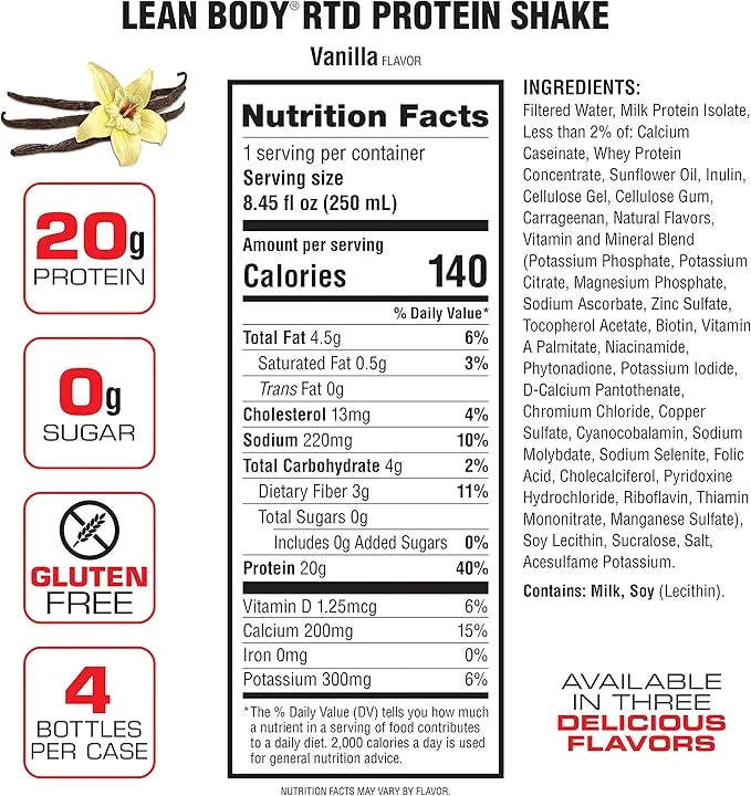Lean Body Ready-to-Drink Vanilla Protein Shake, 20g Protein, Whey Blend, 0 Sugar, Gluten Free, 22 Vitamins & Minerals, (Re...