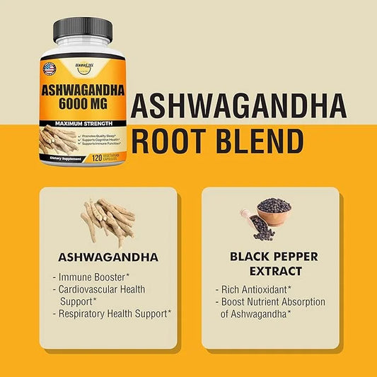 Ashwagandha Root Extract 6000mg per Serving, 120 Vegan 60 Servings