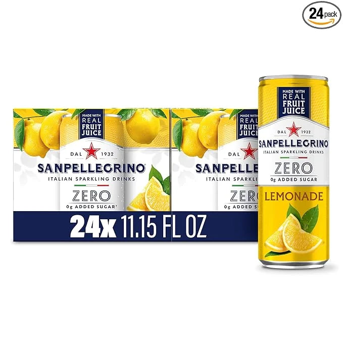 Sanpellegrino Zero Grams Added Sugar Italian Sparkling Drinks Lemonade, Sparkling Lemon Beverage, 24 Pack of 11.15 Fl Oz C...