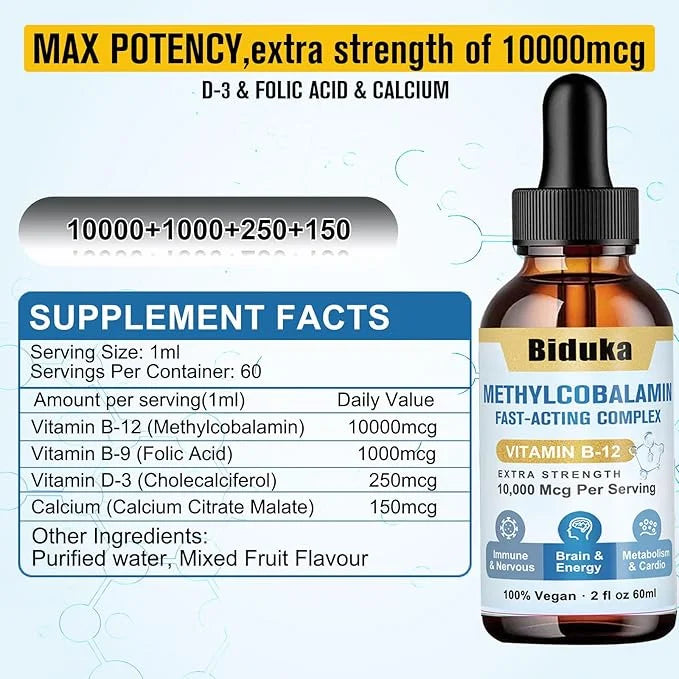 10,000mcg Vitamin B12 Sublingual Liquid Drops, D3, B9(Folic B9(Folic Acid),