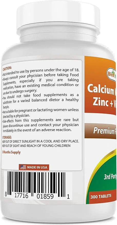 Best Naturals Calcium Magnesium Zinc D3, 300 300 Tablets 1000 mg, 400 mg, 25 mg D3 600 600 IU (3 Tablets)