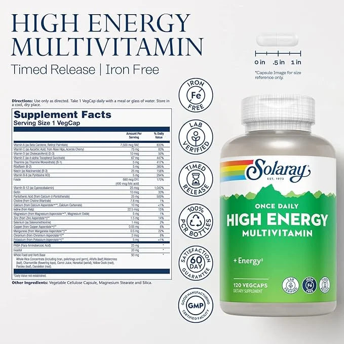 SOLARAY High Energy Multivitamin, No Iron, 1/Day, Timed-Release 120 VegCaps