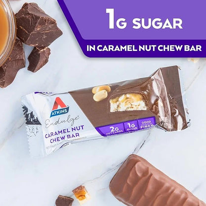 Atkins Caramel Almond Clusters, Gluten Free, High in Fiber, 1g Sugar, 2g Net Carb, 20 count & Endulge Caramel Nut Chew Bar...