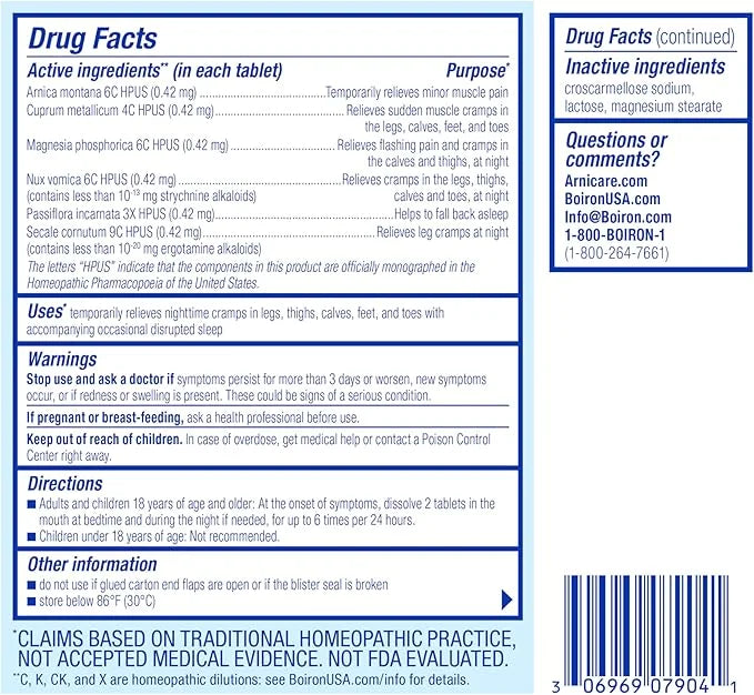 Boiron Arnicare Leg Cramps PM for Nighttime Relief from Cramping and Stiffness in Feet or Calves - 60 Tablets - Product Image