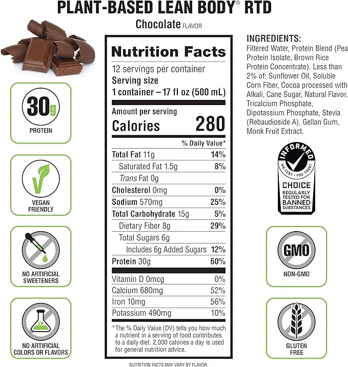 Lean Body Ready-to-Drink, Plant-Based Vegan Chocolate 30g Protein, 12)