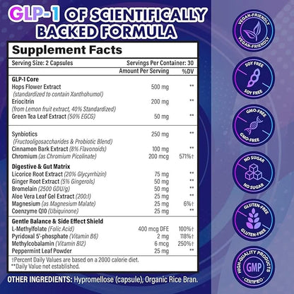GLP-1 Supplement Support, with Naturally GLP1 Supplement Probiotic for Women & Men, Hops & Green Tea Extract, GLP 1 Supple...