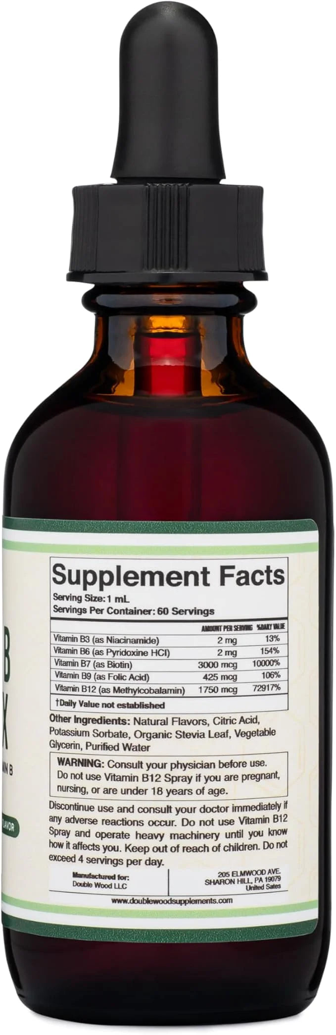 Double Wood Supplements Liquid Vitamin B Complex 2 Month B3, B6, B6, B7 B7 (Biotin), B9, and B12 - 2 FL