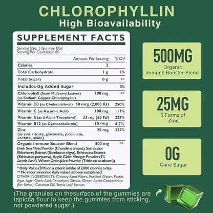 Sugar Free Chlorophyll Gummies - with Unfiltered ACV, Sea Moss & Elderberry, Echinacea, Vitamin D3, C, E, B12 - Natural De...