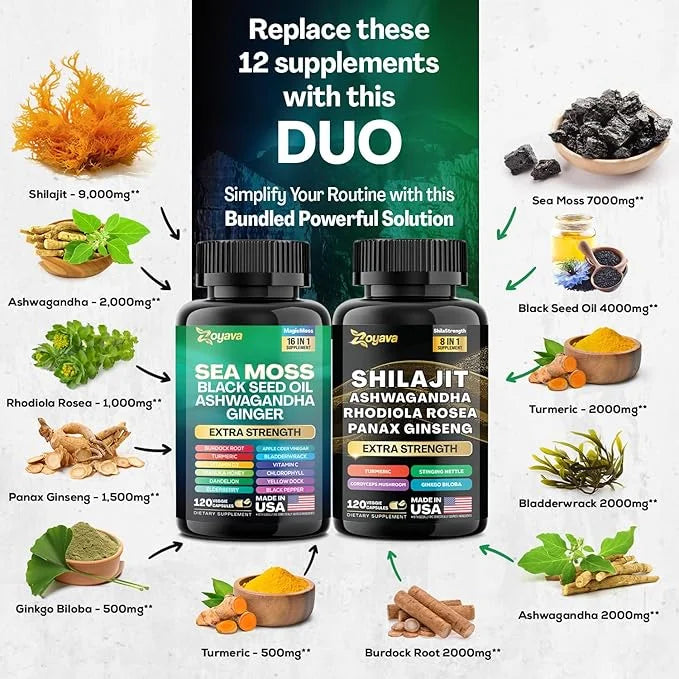 Zoyava Dynamic Vitality Bundle, Sea Moss 7000mg, Black 4000mg, Ashwagandha 2000mg, Ginger 9000mg, Rhodiola 1000mg, Panax (...