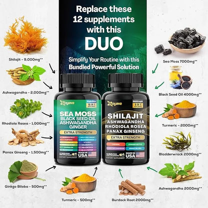 Zoyava Dynamic Vitality Bundle, Sea Moss 7000mg, Black 4000mg, Ashwagandha 2000mg, Ginger 9000mg, Rhodiola 1000mg, Panax (...