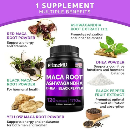 6-in-1 Organic Maca Root & Ashwagandha 1710mg w/DHEA Supplement,120 Capsules (40 Servings)
