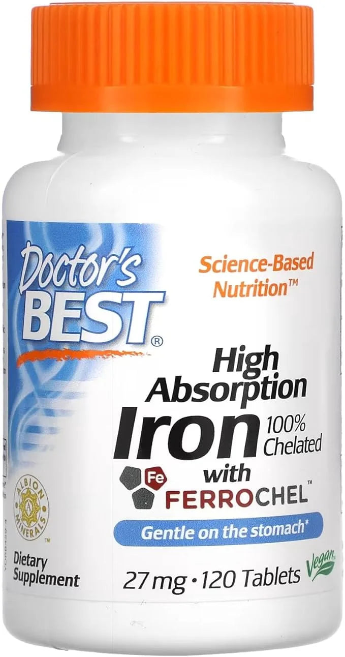 Doctor's Best High Absorption Iron Tablet with Ferrochel, Gentle on The Stomach, Immune Health, Blood Health, 27 mg - Prod...