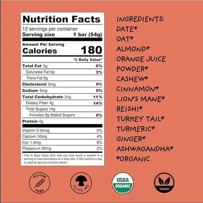 WISE BAR Adaptogen Mushroom Nutrition Bars with Reishi, Lions Mane & Ashwagandha, Organic Vegan & Gluten Free Snacks for N...