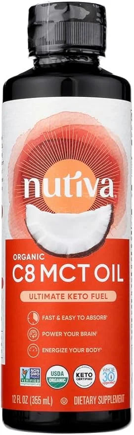 Nutiva Organic C8 MCT Oil, Ultimate Keto Fuel from Non-GMO Coconuts, 14g MCT 12 Fl Oz, USDA Organic, Whole 30, Vegan & Glu...