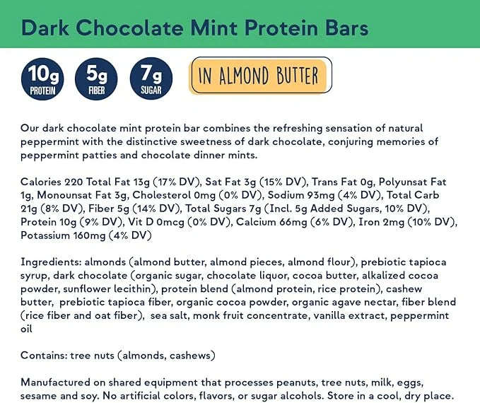 Zing Dark Chocolate Mint Vegan Protein Bars, Gluten Free with High Protein, High Fiber, Dairy Free Nutrition Bars, Plant B...