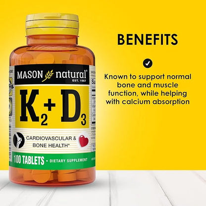 MASON NATURAL Vitamin K2 + D3, 300-Day Supply, with Calcium for Normal Bone and Muscle Support, 100 Tablets (Pack of 3) - ...