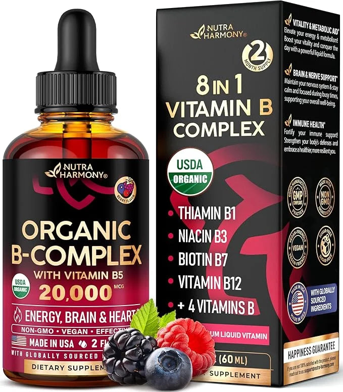 USDA Organic Vitamin B-Complex B5 Pantothenic Acid B12 Methylcobalamin B1 Thiamine B6 Pyridoxine B7 Biotin B9 Folic B3 Nia...