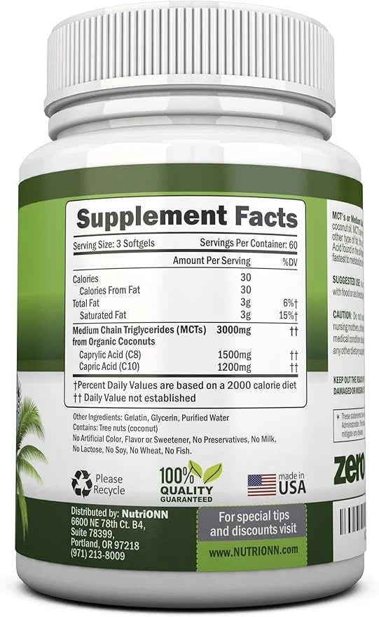 MCT Oil - 3000mg Per Serving - 180 Softgels - Made from 100% Organic Coconuts - Non GMO, Cold Pressed, Paleo Friendly Caps...