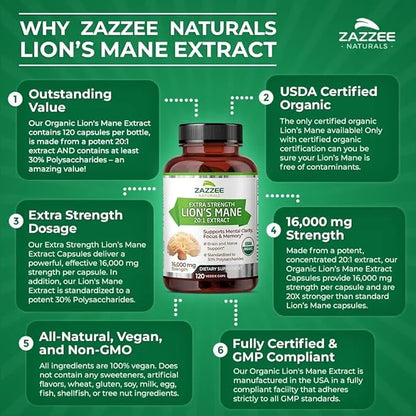 Zazzee USDA Organic Lion's Mane 20:1 16,000 mg 30% Polysaccharides, 120 Vegan 60 Day 20X Extract,