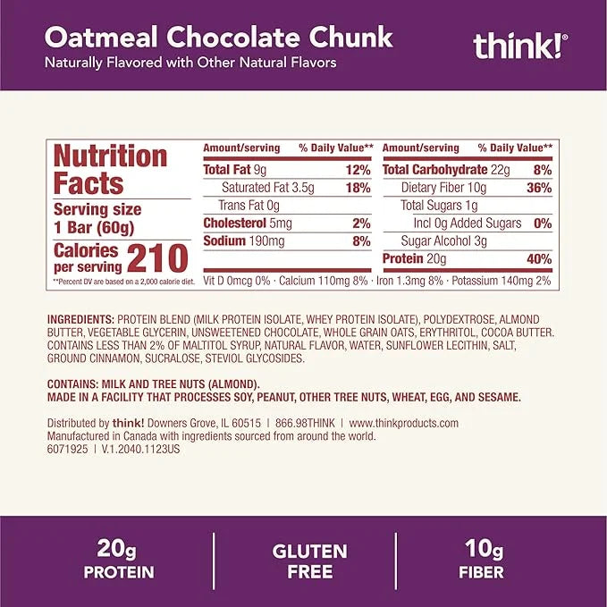 think! Protein Bars, High Protein Snacks, Gluten Free, High Fiber, Oatmeal Chocolate Chunk, 10 Count - Product Image